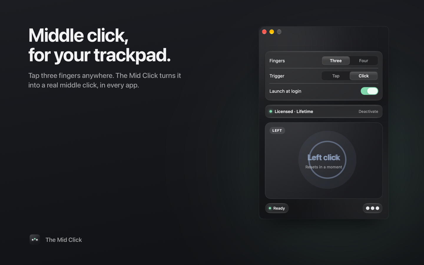 The Mid Click window showing a detected middle click on the test pad